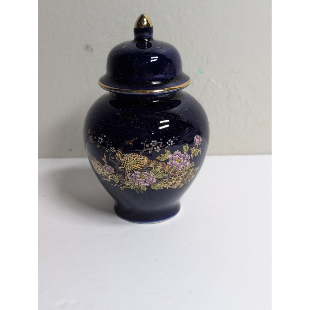 Vintage Cobalt Blue Floral Peacock Temple Jar Japan Lidded Hand Painted Ceramic